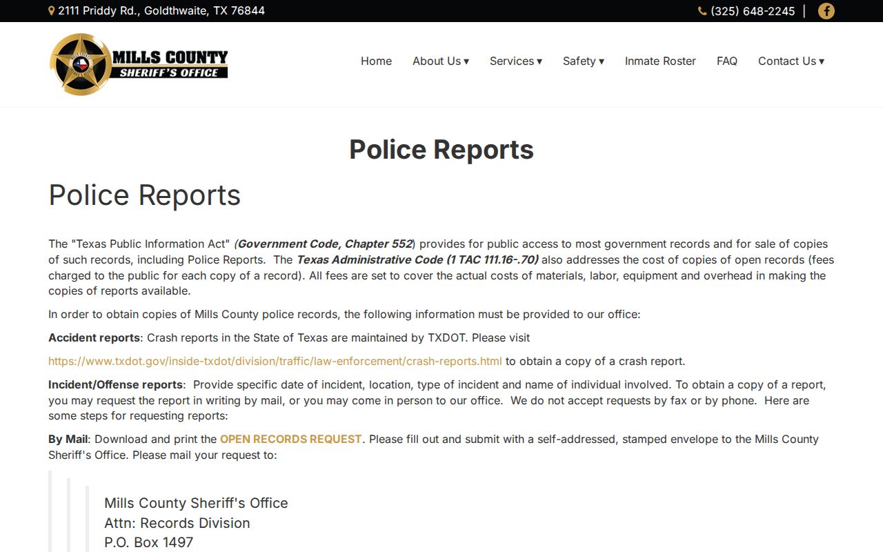 Mills County arrest report request instructions from the sheriff
