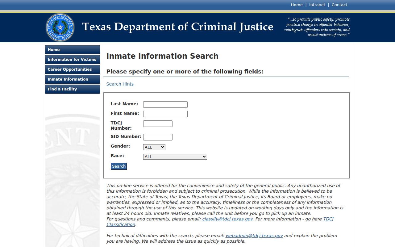 TDCJ inmate search for a Mills County arrest followed by state transfer