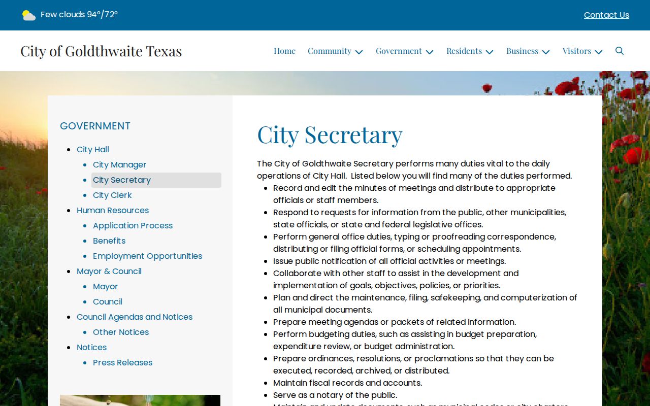 Goldthwaite criminal records custodian on the official City Secretary page