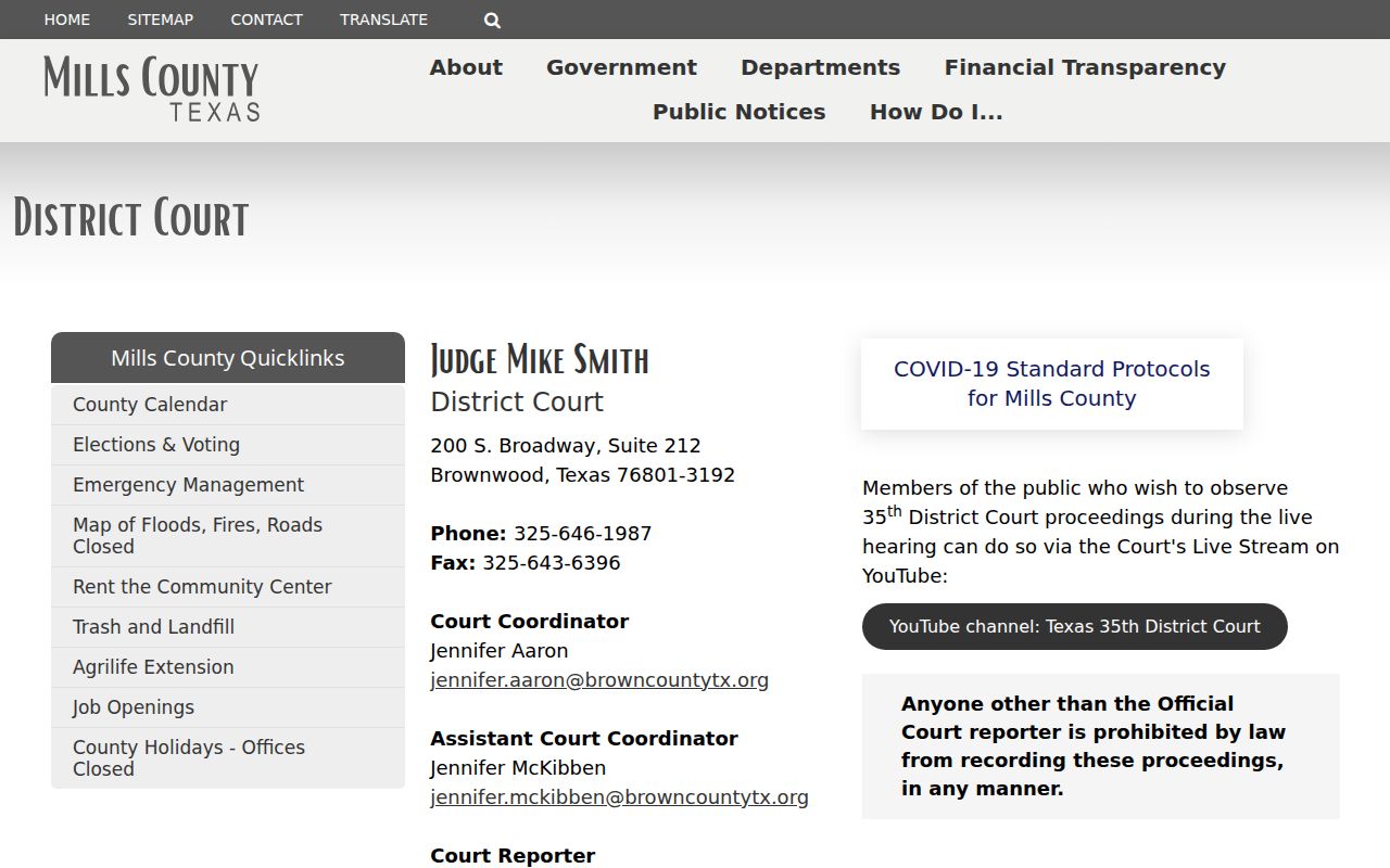 Mills County criminal court case calendar on the 35th District Court page