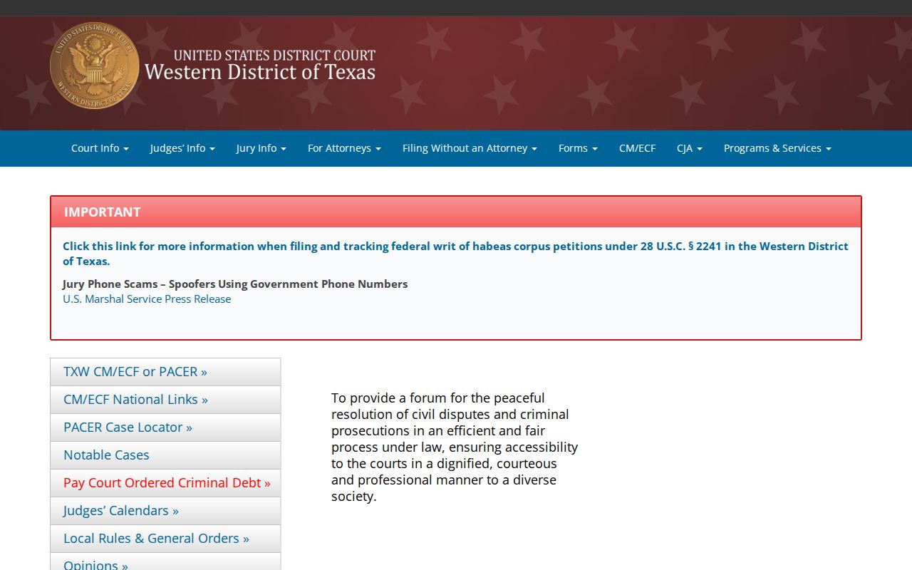 Western District of Texas source for federal Mills County criminal court cases