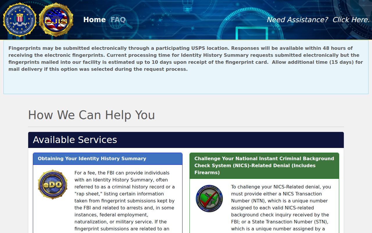 Mills County federal criminal identity history request portal