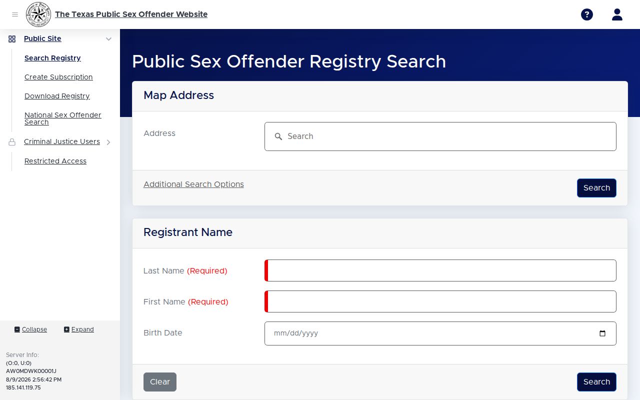 Mills County sex offender lookup on the Texas public registry search screen